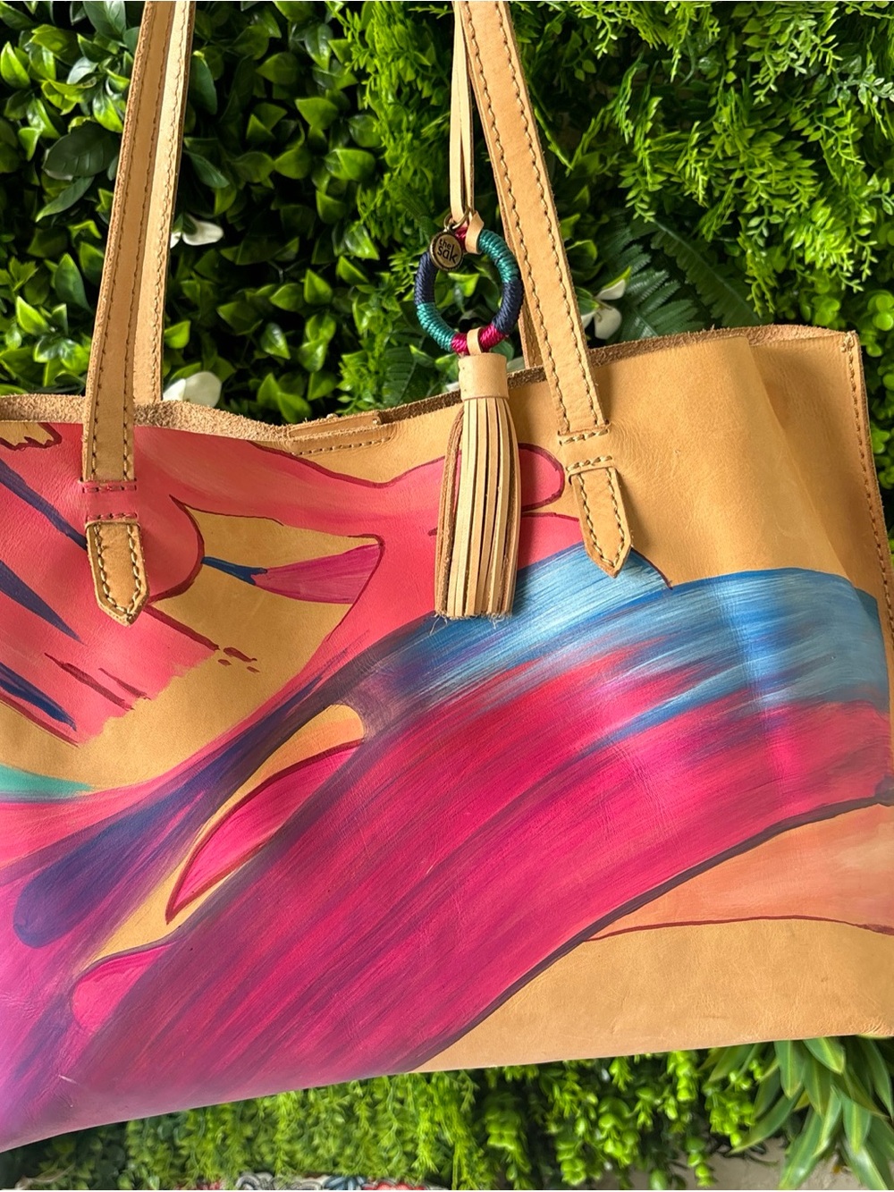 The Sak leather Tote Bag with Pink & Blue Brushstroke Design (Look the picture)